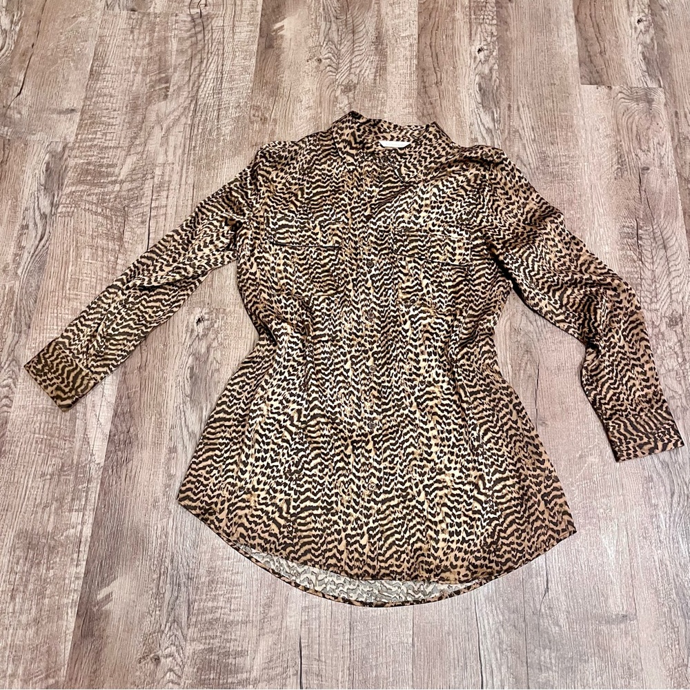 Soft Surroundings Leopard-Print Button-Down Silk Blouse in Brown and Black Med